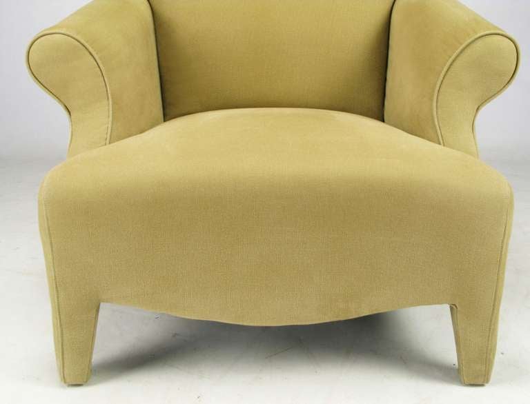 Wood Neotraditional Fully Upholstered Camel Ultra Suede Lounge Chair For Sale