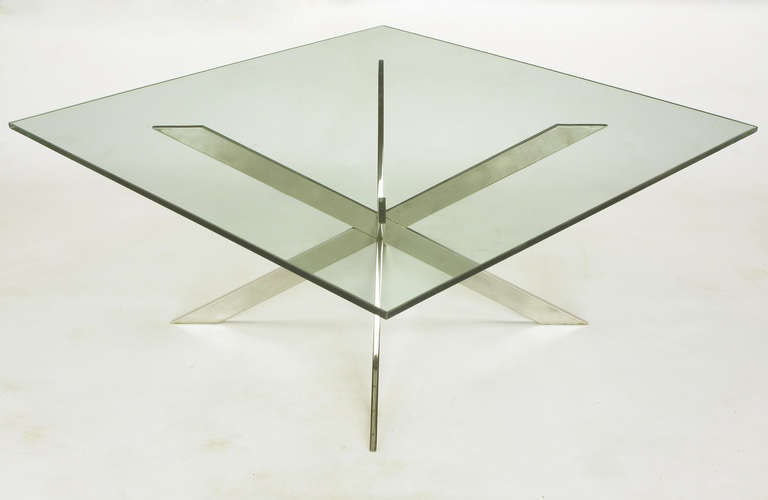 Glass Leon Rosen for Pace Collection Double X-Base Chrome Coffee Table