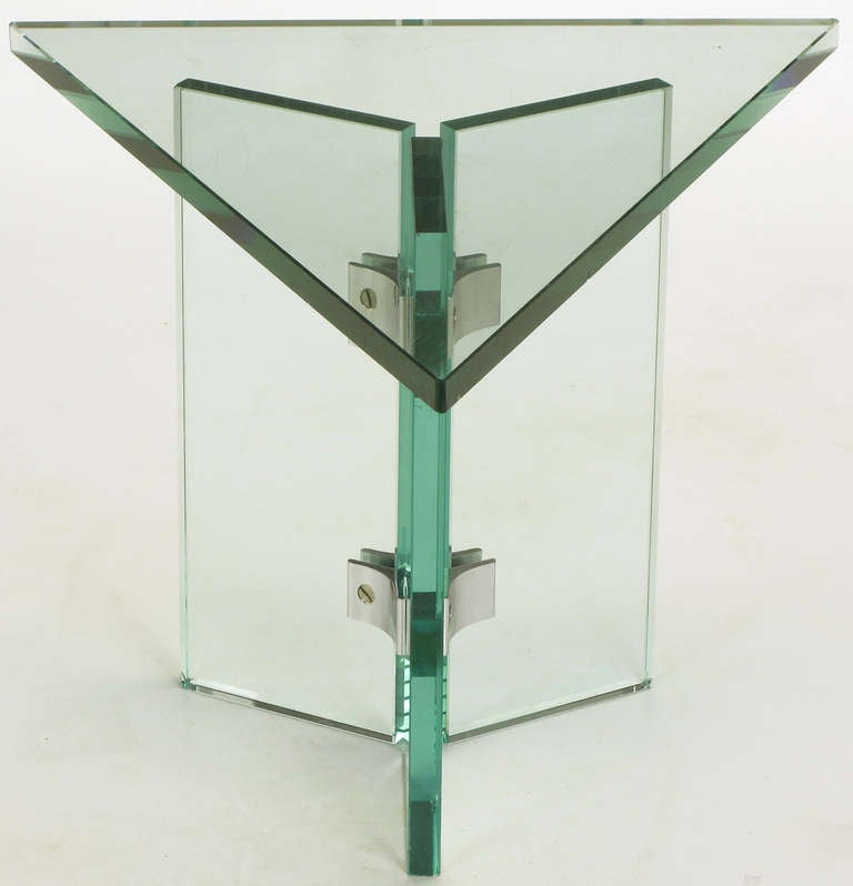 Pair of Pace Collection Glass & Aluminum Isosceles Triangle Side Tables In Good Condition In Chicago, IL
