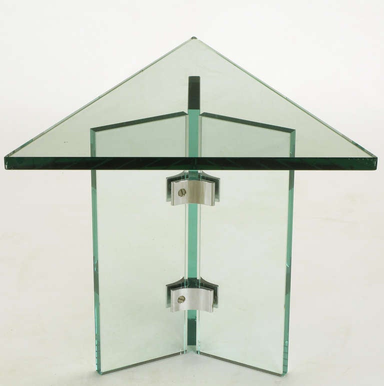 Italian Pair of Pace Collection Glass & Aluminum Isosceles Triangle Side Tables