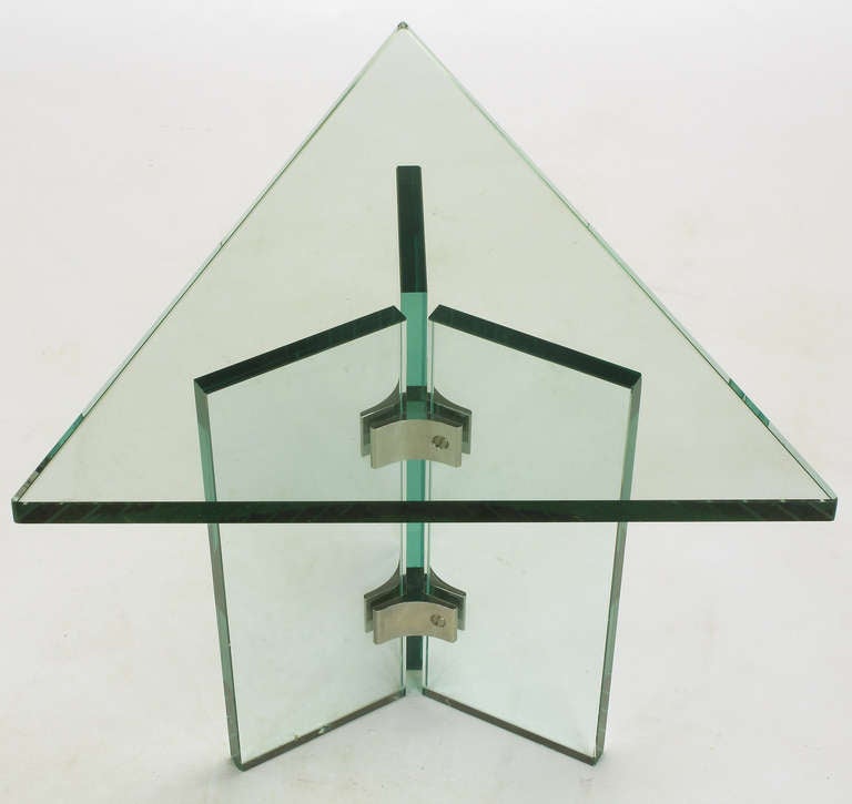 Late 20th Century Pair of Pace Collection Glass & Aluminum Isosceles Triangle Side Tables