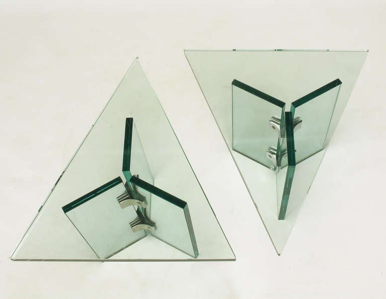 Pair of Pace Collection Glass & Aluminum Isosceles Triangle Side Tables 2