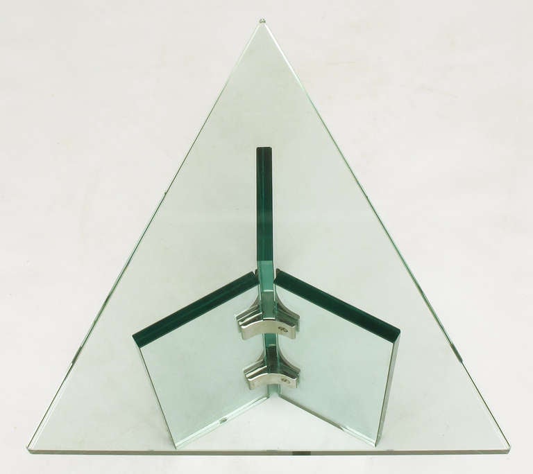 Pair of Pace Collection Glass & Aluminum Isosceles Triangle Side Tables 1