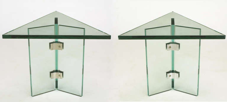 Pair of isosceles triangular glass side table by Pace Collection. Three part glass base with polished aluminum brackets. Triangular top is 24