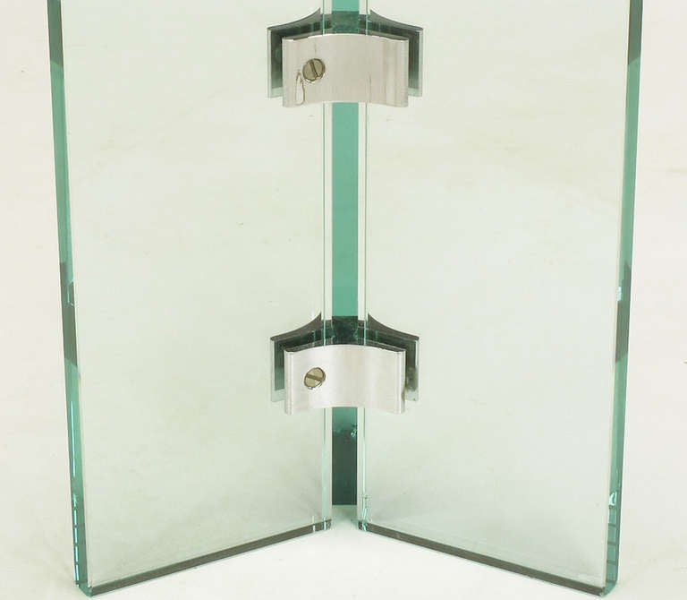 Pair of Pace Collection Glass & Aluminum Isosceles Triangle Side Tables 3