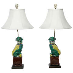 Pair Polychrome Porcelain Chinese Foo Dog Table Lamps