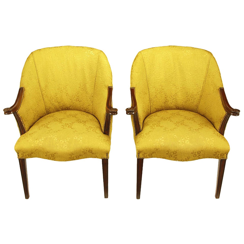 Pair of 1940s Mahogany and Gold Damask Regency Armchairs