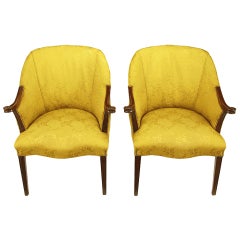 Pair of 1940s Mahogany and Gold Damask Regency Armchairs