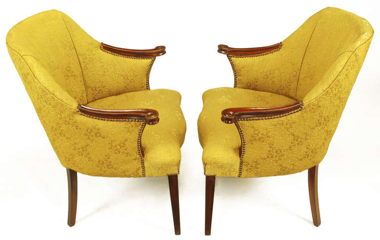 American Pair of 1940s Mahogany and Gold Damask Regency Armchairs