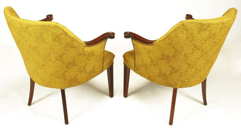 Pair of 1940s Mahogany and Gold Damask Regency Armchairs In Good Condition In Chicago, IL