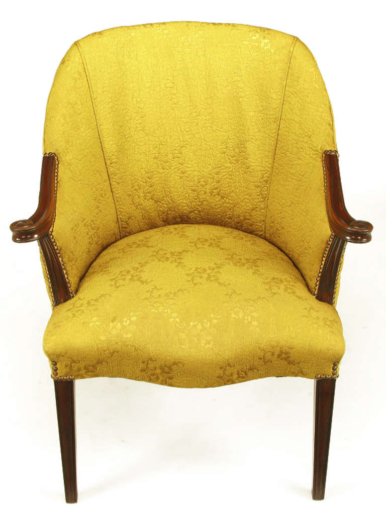 Mid-20th Century Pair of 1940s Mahogany and Gold Damask Regency Armchairs