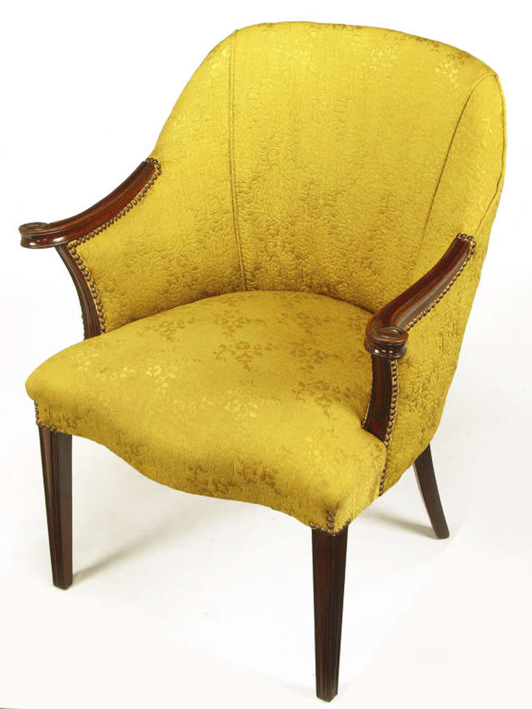 Brass Pair of 1940s Mahogany and Gold Damask Regency Armchairs