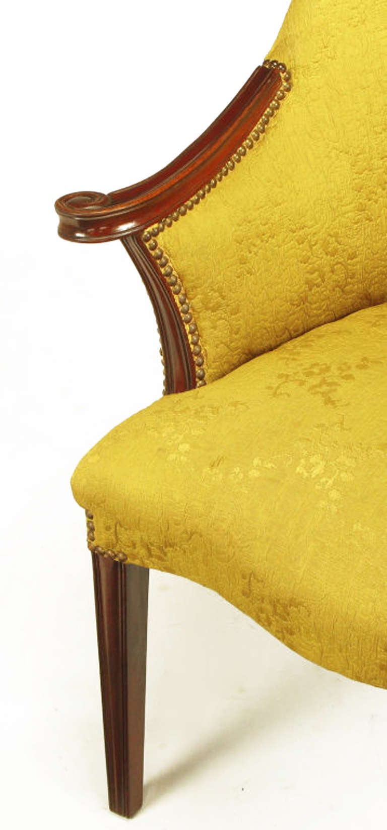 Pair of 1940s Mahogany and Gold Damask Regency Armchairs 1