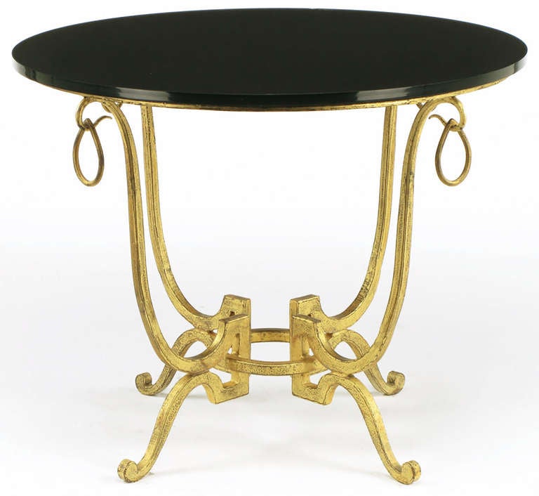 American Round Gilt Iron & Black Glass Neoclassical End Table