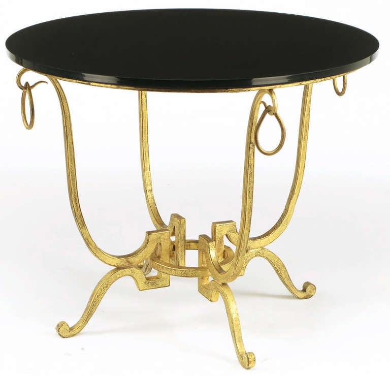 Mid-20th Century Round Gilt Iron & Black Glass Neoclassical End Table