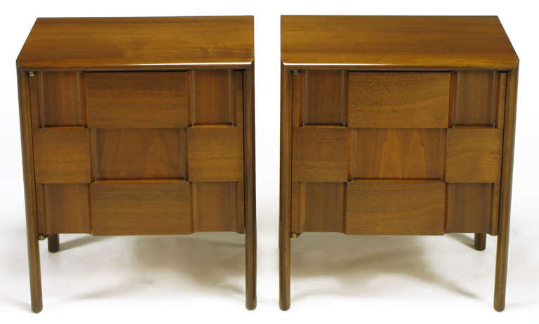 Excellent block-front clean lined figured walnut night stands. Single doors of offset grained figured walnut relief panels. Doors open to reveal a single shelf with two storage sections.