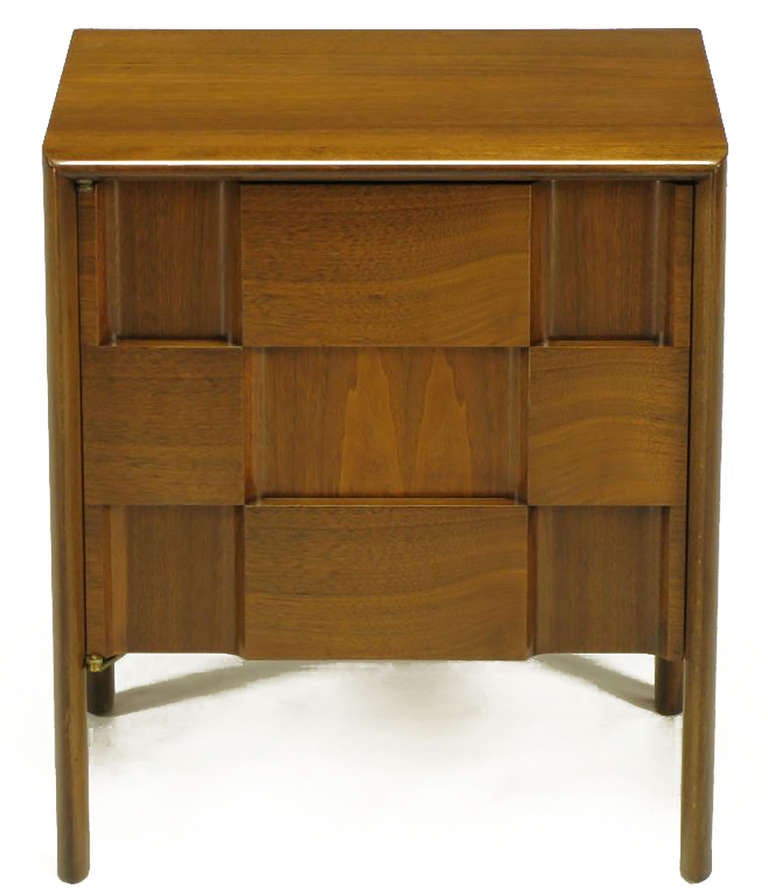 Mid-20th Century Pair Nightstands with Figured Walnut Geometric Relief Fronts