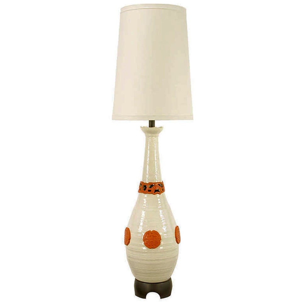 56" Nardini Studio White & Red Reticulated Pottery Table Lamp For Sale