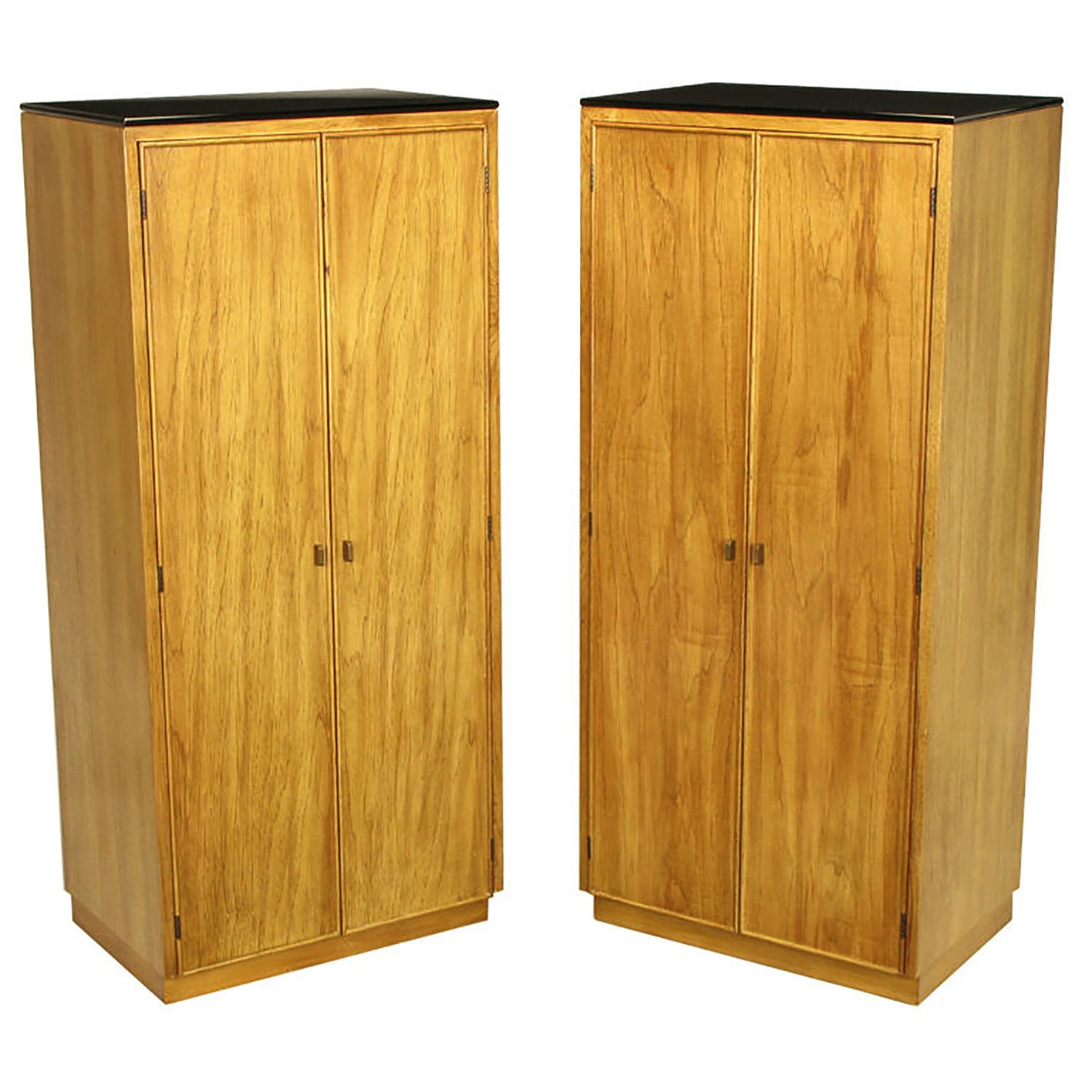 Pair of Ash and Black Glass Narrow and Tall Cabinets