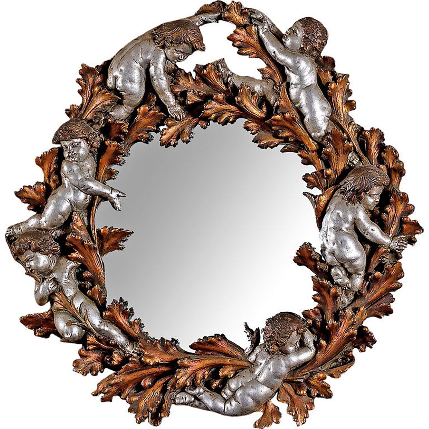 Copper and Silver Leaf Round Mirror with Foliate and Putti Detail