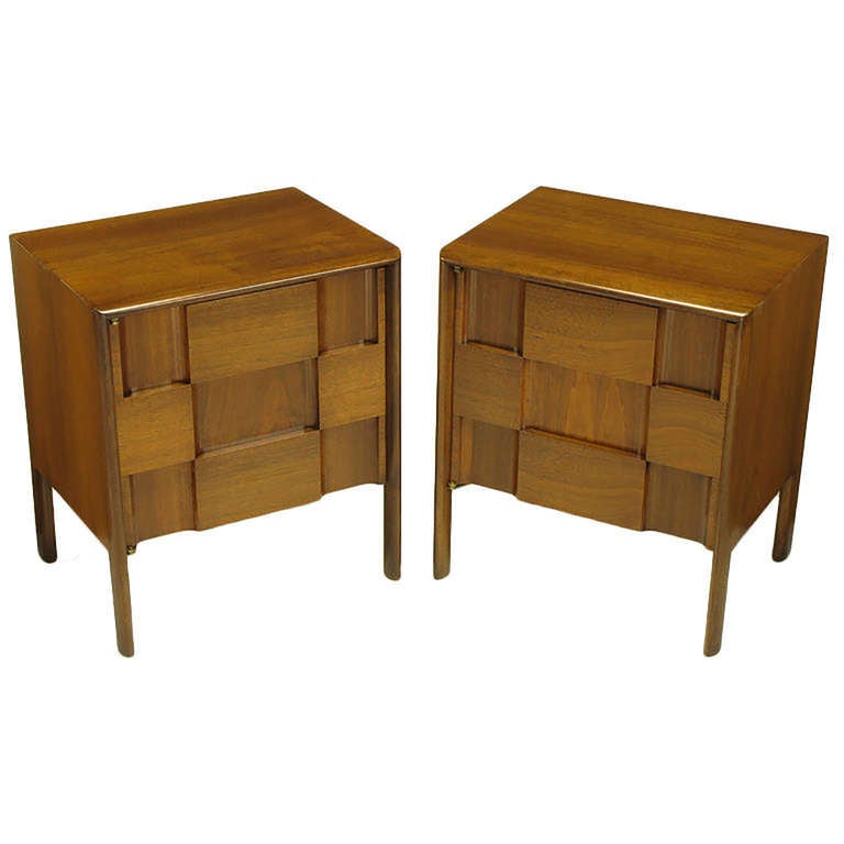 Pair Nightstands with Figured Walnut Geometric Relief Fronts In Excellent Condition In Chicago, IL