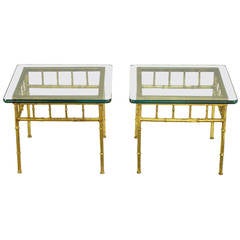 Pair of Glazed Gilt Metal Faux Bamboo End Tables