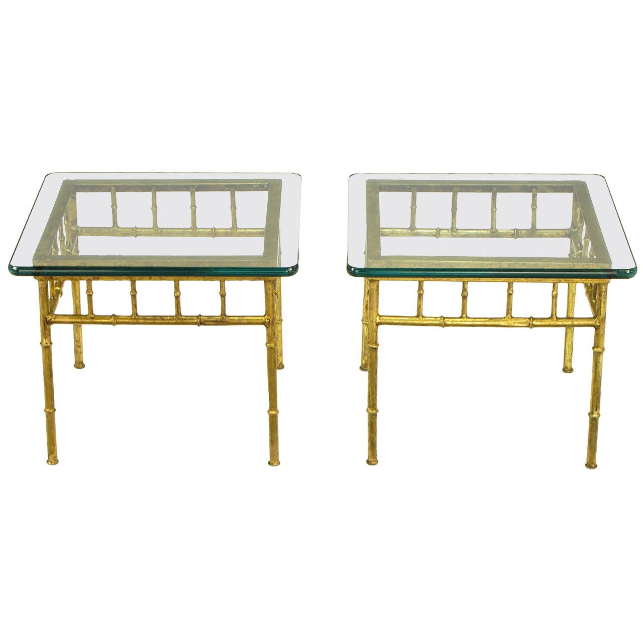 Pair of Glazed Gilt Metal Faux Bamboo End Tables