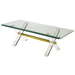 Lucite and Brass X-Base Trestle Coffee Table
