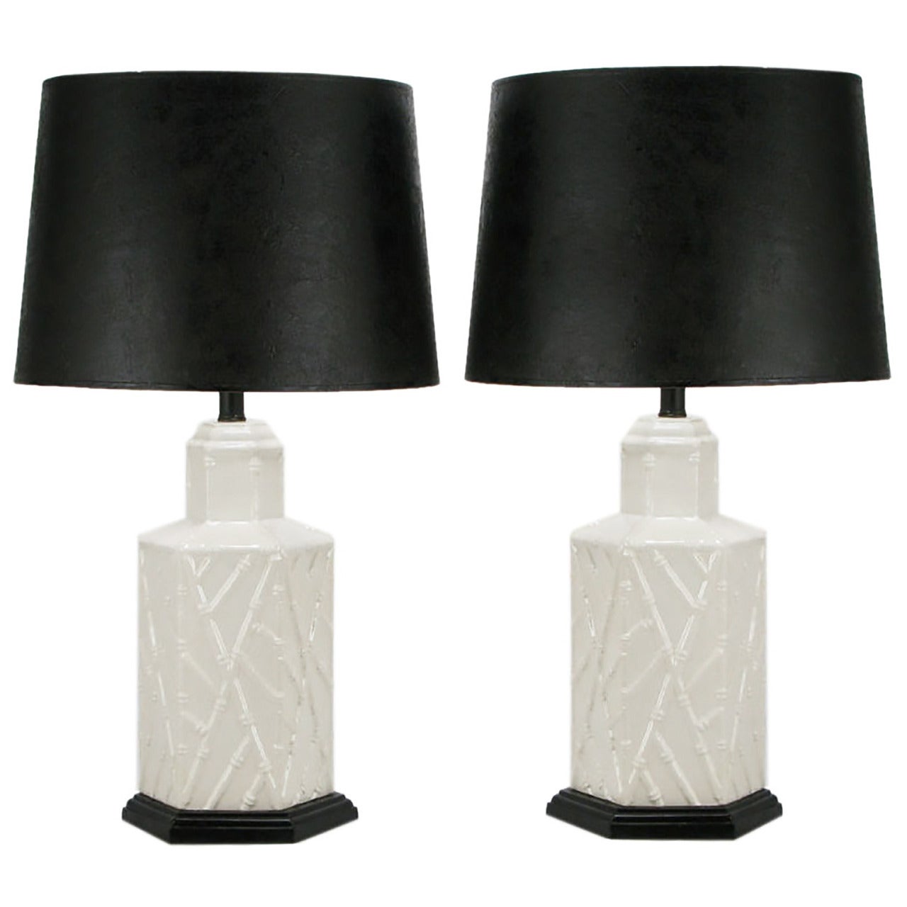 Pair of White Ceramic Hexagonal Bamboo Relief Table Lamps For Sale