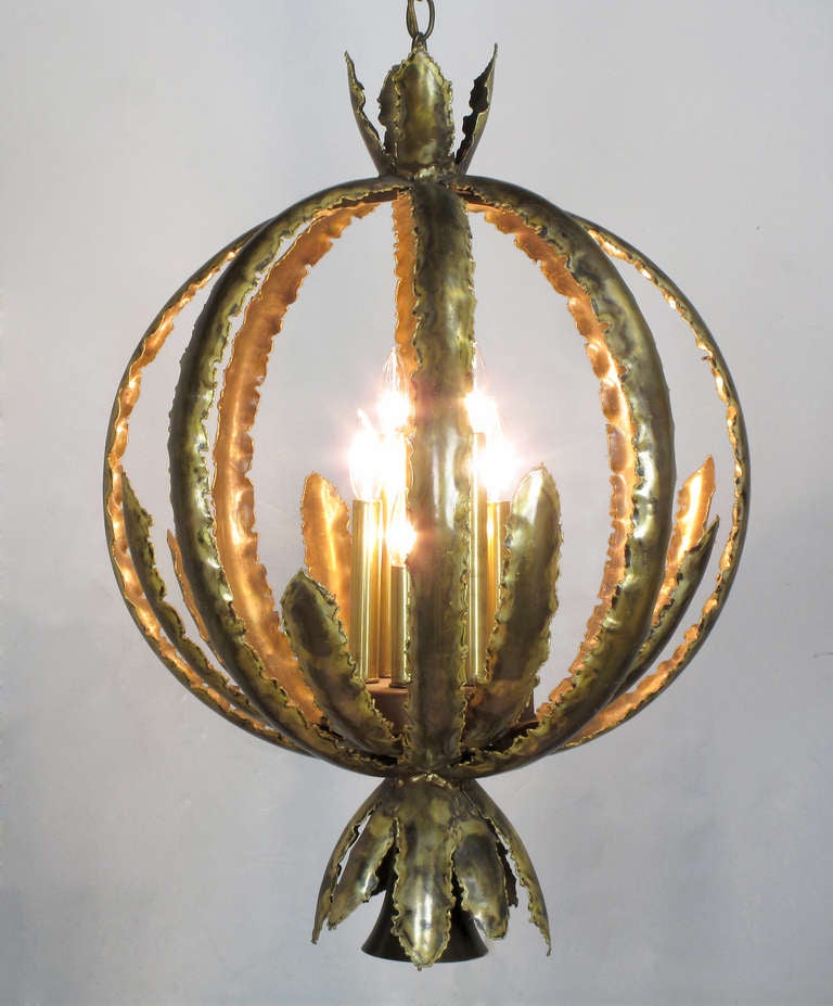 Torch Cut Brutalist Six Light Pendant By T.A. Greene For Feldman Lighting In Excellent Condition In Chicago, IL