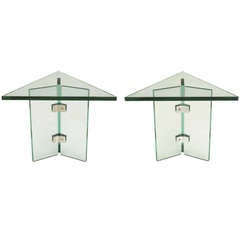 Pair of Pace Collection Glass & Aluminum Isosceles Triangle Side Tables