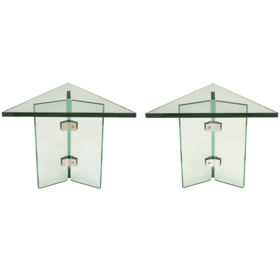 Pair of Pace Collection Glass & Aluminum Isosceles Triangle Side Tables