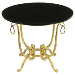 Round Gilt Iron & Black Glass Neoclassical End Table