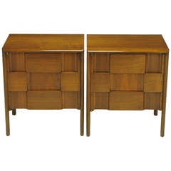 Pair Nightstands with Figured Walnut Geometric Relief Fronts