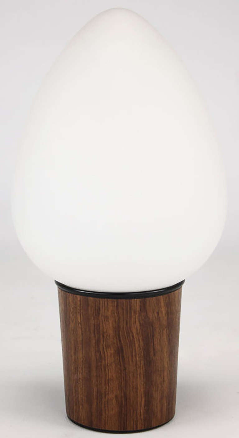 American Pair of Laurel Ovoid Milk Glass Table Lamps on Wood Grain Bases