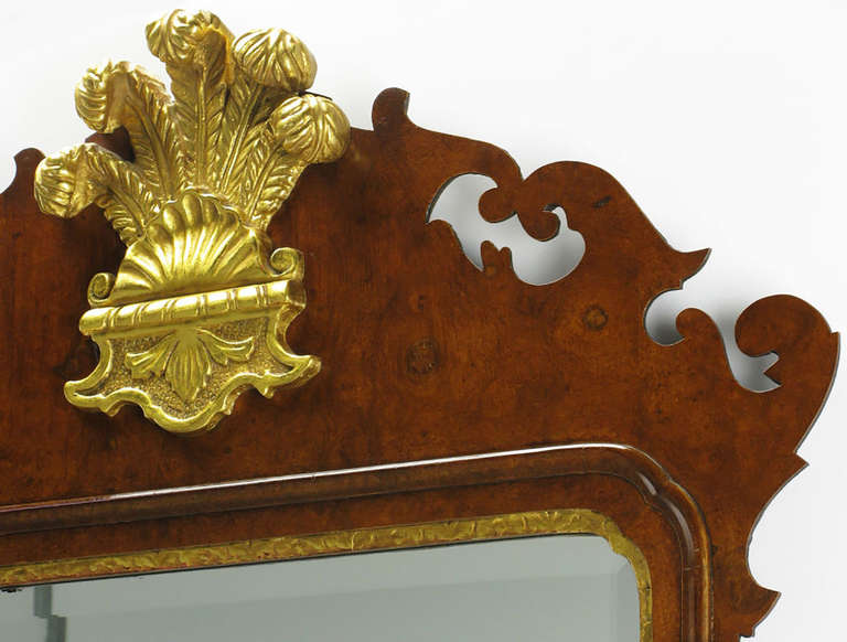 Chippendale Mirror in Burled Walnut with Gilt Plume Surmounter by Williamsburg Restorations Inc. In Excellent Condition In Chicago, IL