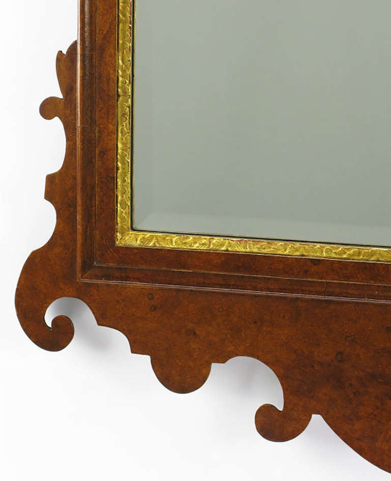 Mid-20th Century Chippendale Mirror in Burled Walnut with Gilt Plume Surmounter by Williamsburg Restorations Inc.