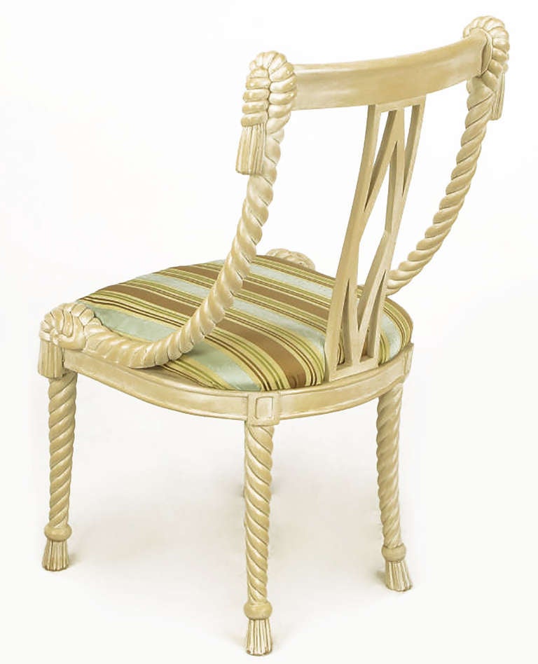 Six Ivory Glazed Carved Wood Rope and Tassel Dining Chairs In Good Condition For Sale In Chicago, IL