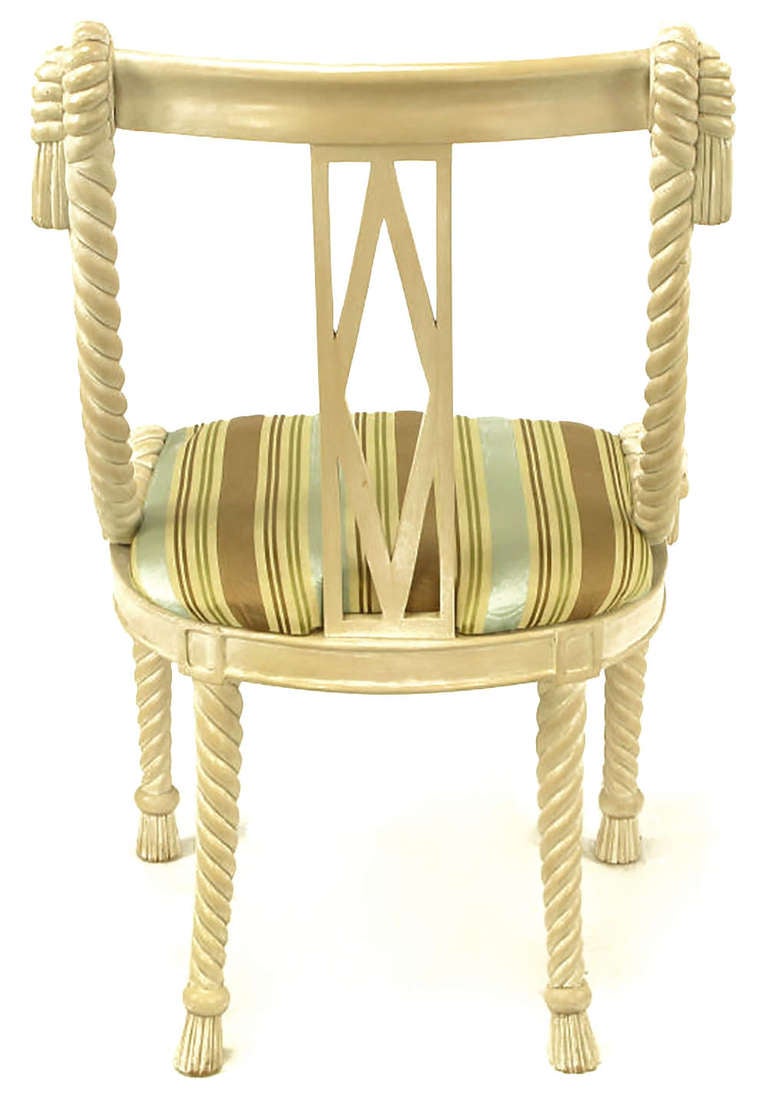 20th Century Six Ivory Glazed Carved Wood Rope and Tassel Dining Chairs For Sale