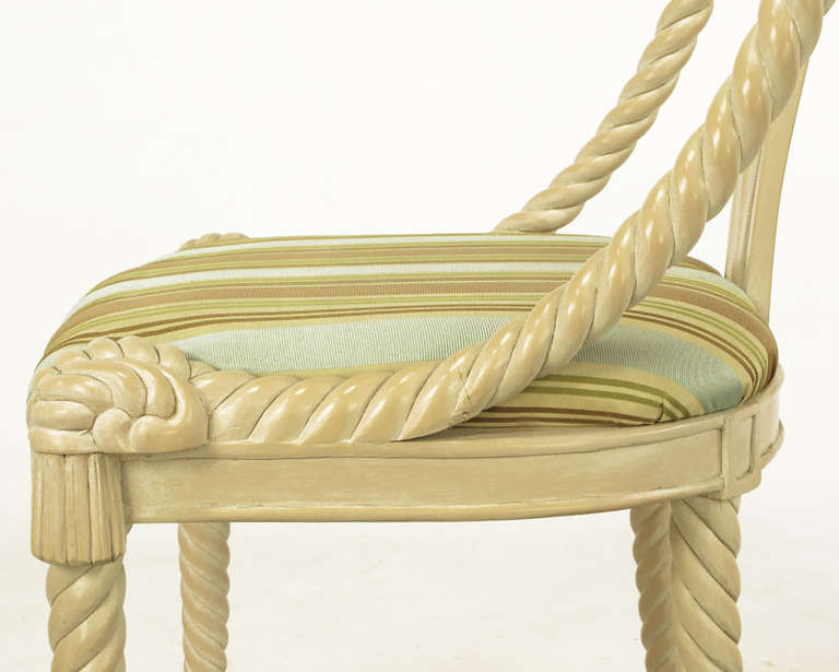 Six Ivory Glazed Carved Wood Rope and Tassel Dining Chairs For Sale 2