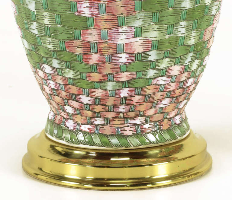 American Pair Pink and Green Basketweave Ceramic Table Lamps
