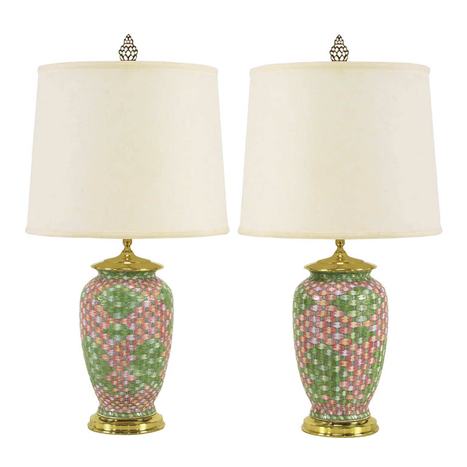 Pair Pink and Green Basketweave Ceramic Table Lamps
