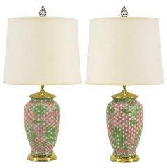 Pair Pink and Green Basketweave Ceramic Table Lamps 2