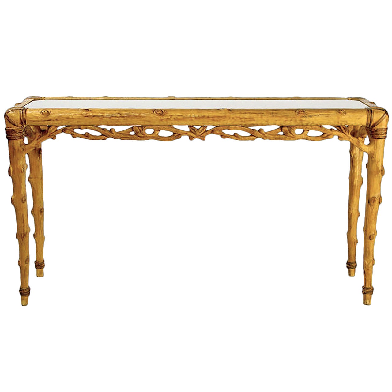 Faux Bois Carved Wood and Glass Console Table For Sale