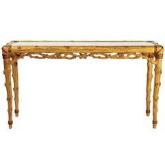 Faux Bois Carved Wood and Glass Console Table