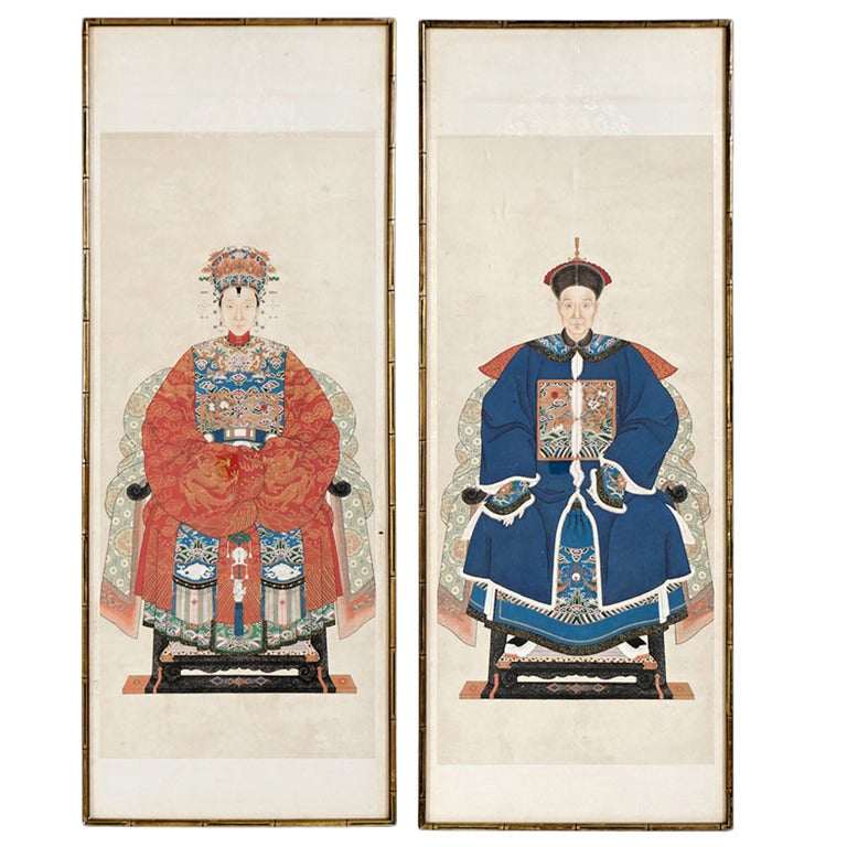 Pair of Chinese Ancestor Portraits in Gilt Bamboo Form Frames