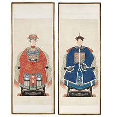 Antique Pair of Chinese Ancestor Portraits in Gilt Bamboo Form Frames