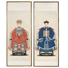 Pair of Chinese Ancestor Portraits in Gilt Bamboo Form Frames