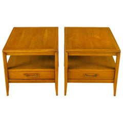 Pair of Drexel Bleached Walnut and Mahogany End Tables with Burled Olive Accent
