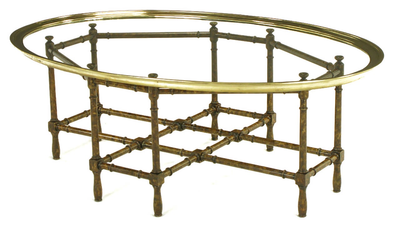 Baker Tortoise Shell Lacquered Stylized Bamboo and Oval Glass Tray Coffee Table